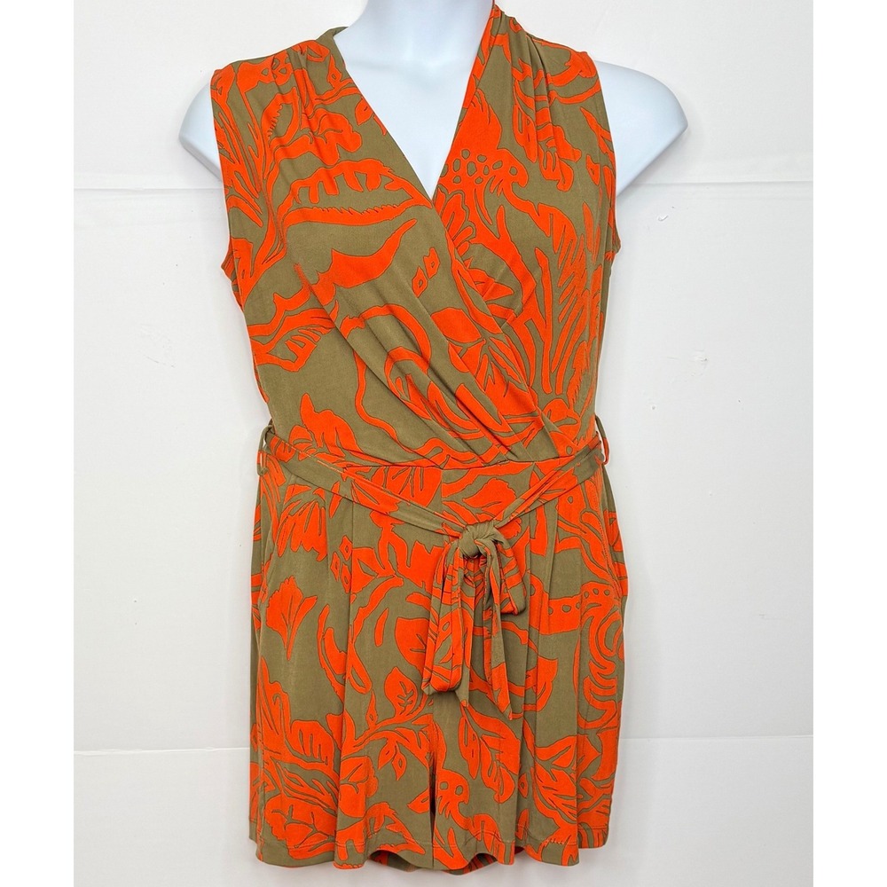 New York & Company V-Neck Romper Sleeveless M Orange Olive Tropical Floral Boho